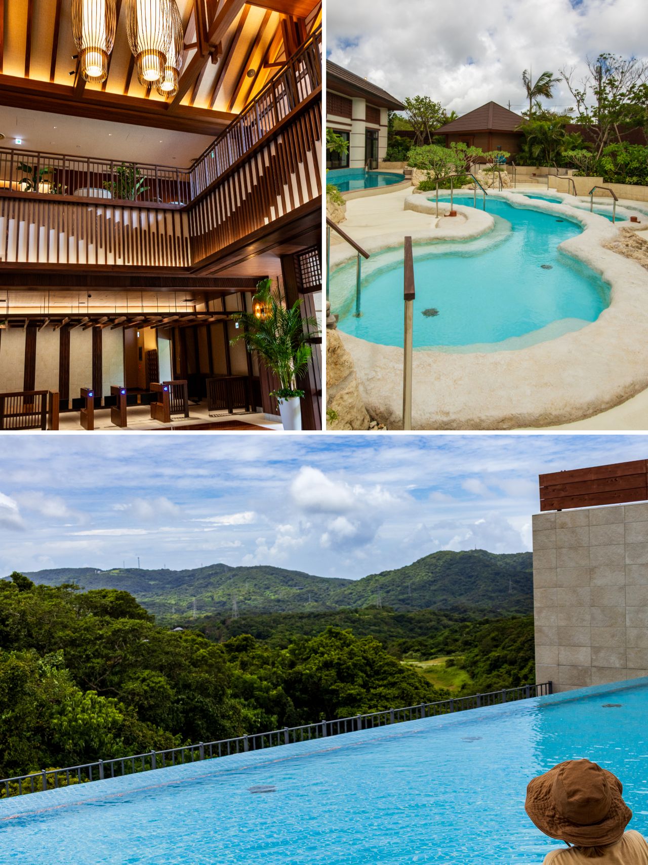 A la izquierda, la elegante vista desde el vestíbulo del Spa Junglia. A la derecha, un baño al aire libre con atmósfera tropical. Abajo, la piscina infinita, una de los más grandes en el mundo en la que se puede disfrutar de una sensación de libertad total.