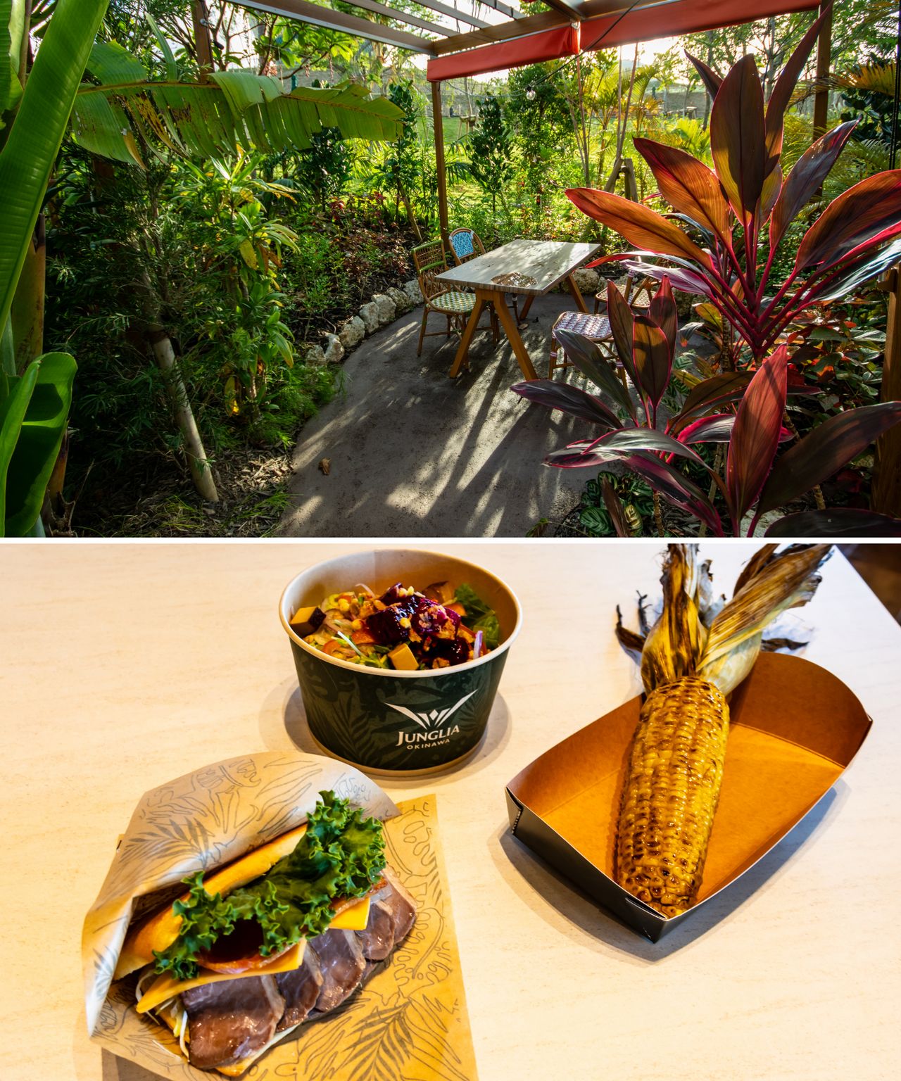 Arriba, Wild Banquet, un restaurante al aire libre. Abajo, algunos platos disponibles en una cafetería móvil.