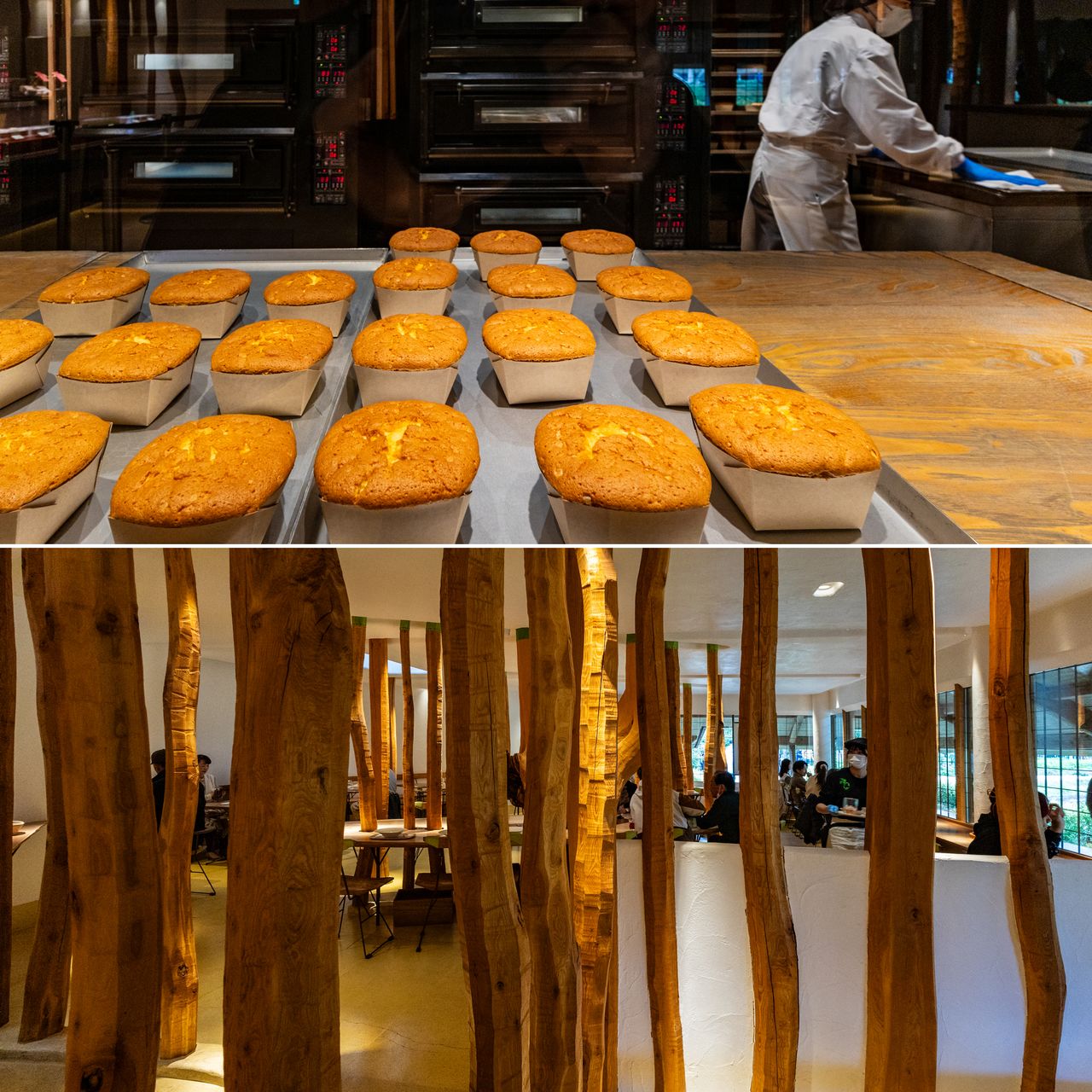 Kuri Hyappon es una tienda especializada en el bizcocho kasutera. La cafetería está abundantemente decorada con madera de castaños.