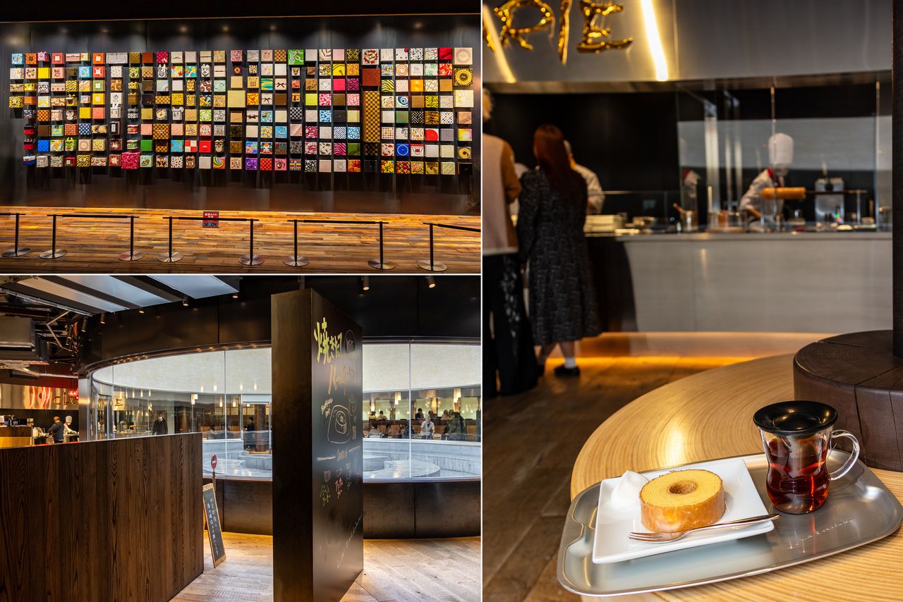 En la visita a la fábrica se exponen los envases de este bizcocho a lo largo de la historia (arriba a la izquierda). La cafetería del primer piso, donde el visitante podrá deleitarse con un pastel recién horneado, cuenta con un espacio cilíndrico similar a un baumkuchen, a juego con su aspecto exterior.