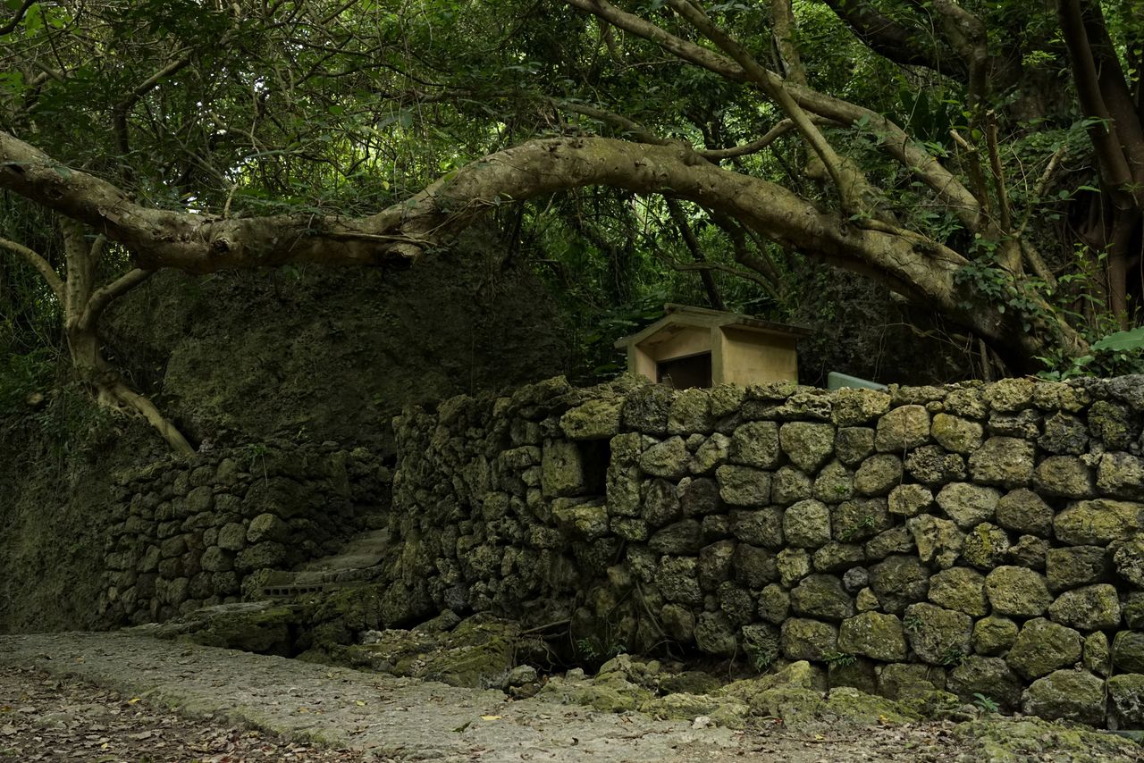 Hamagawa Utaki: restos de lo que según la leyenda fue una residencia temporal de Amamikiyo. Fotografía: Ōsaka Hiroshi.