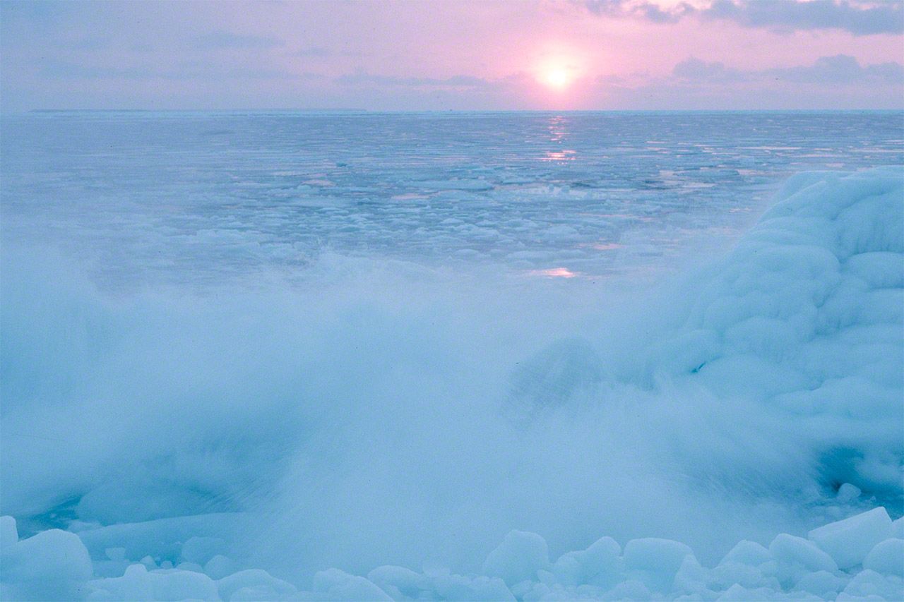 El sol alzándose sobre el campo de hielo a la deriva, que se mueve hacia el sur del océano Pacífico tras rodear la península de Nemuro.