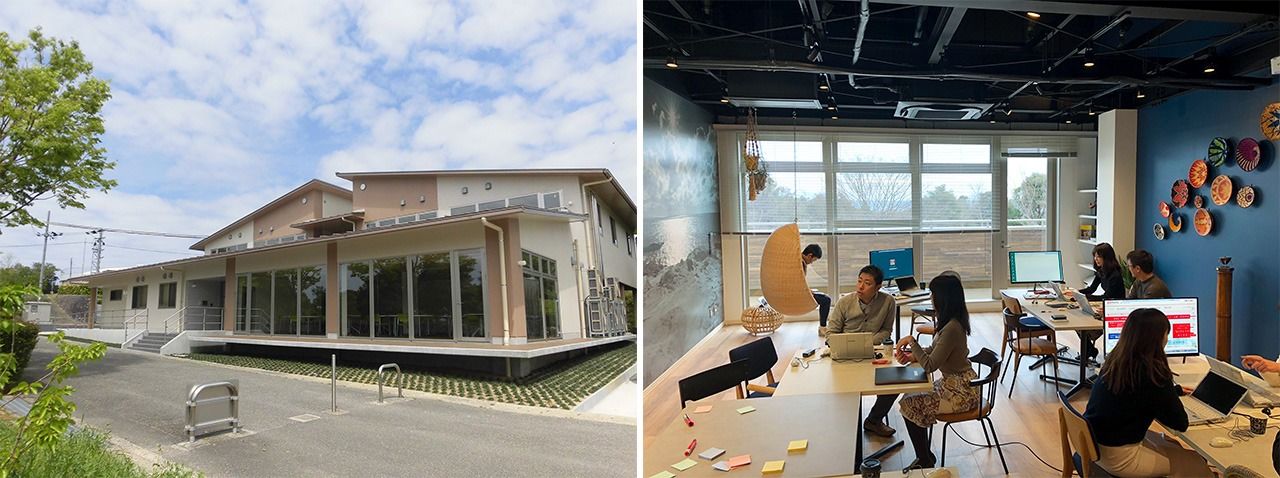 Fachada del centro de “trabacaciones” de Mitsubishi Estate (izquierda) e interior de sus oficinas en Nanki Shirahama (Fotografía: Mitsubishi Estate).