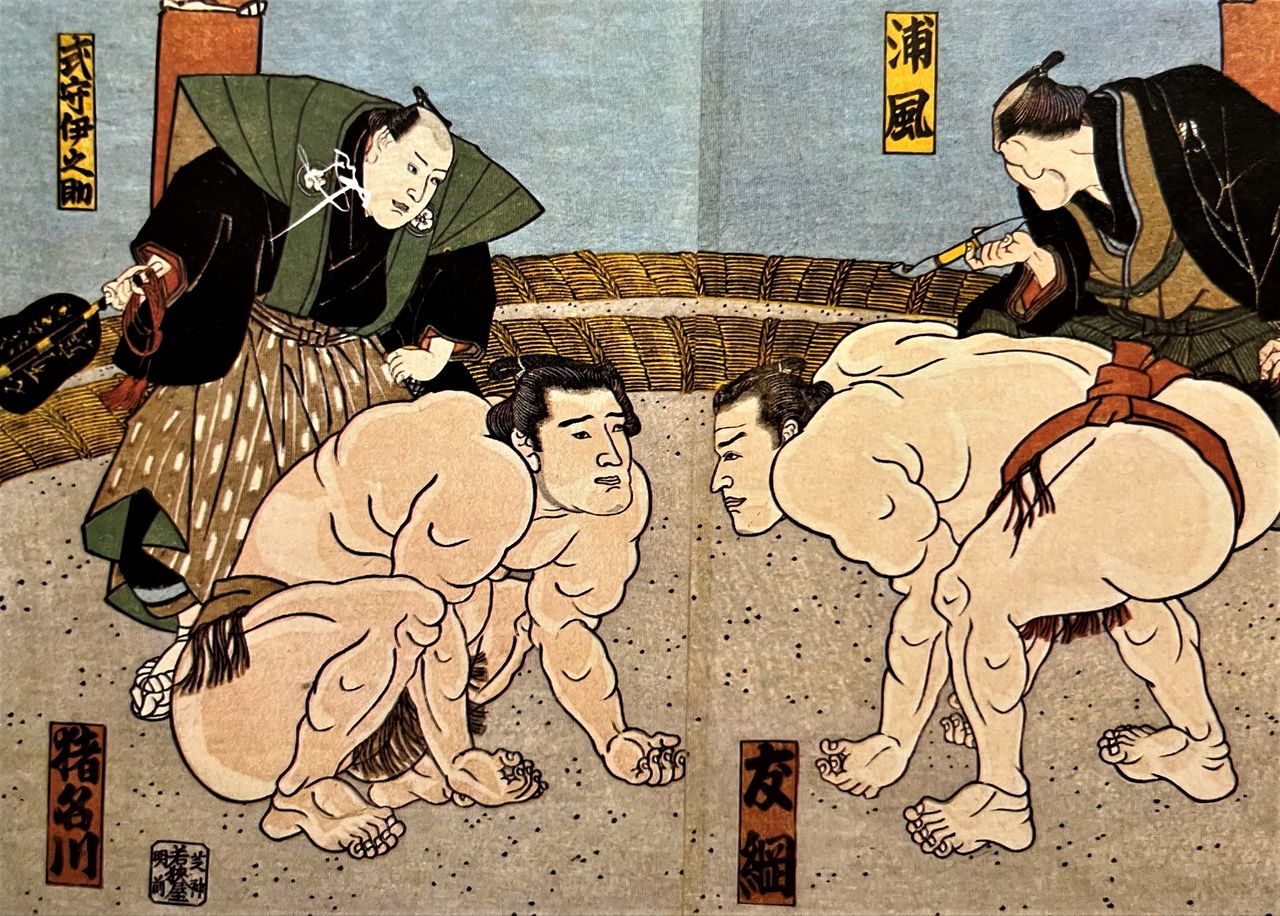 Ilustración de finales del periodo Edo que representa un encaramiento entre los luchadores Inagawa y Tomozuna en 1843.