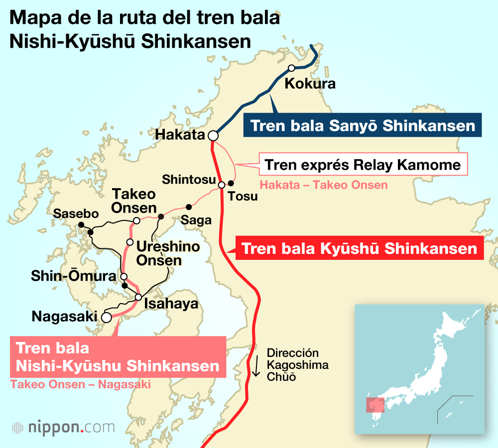 Mapa de la ruta del tren bala Nishi-Kyūshū Shinkansen