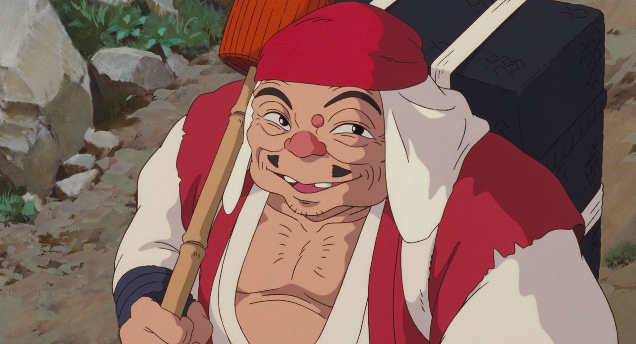 Arriba: Ashitaka (a la izquierda) y Lady Eboshi. Al fondo, las mujeres que trabajan en el tatara (antigua fundición de hierro). Abajo: Jikobō, misterioso monje que trata de acabar con Shishigami. (© 1997 Hayao Miyazaki/Studio Ghibli, ND)
