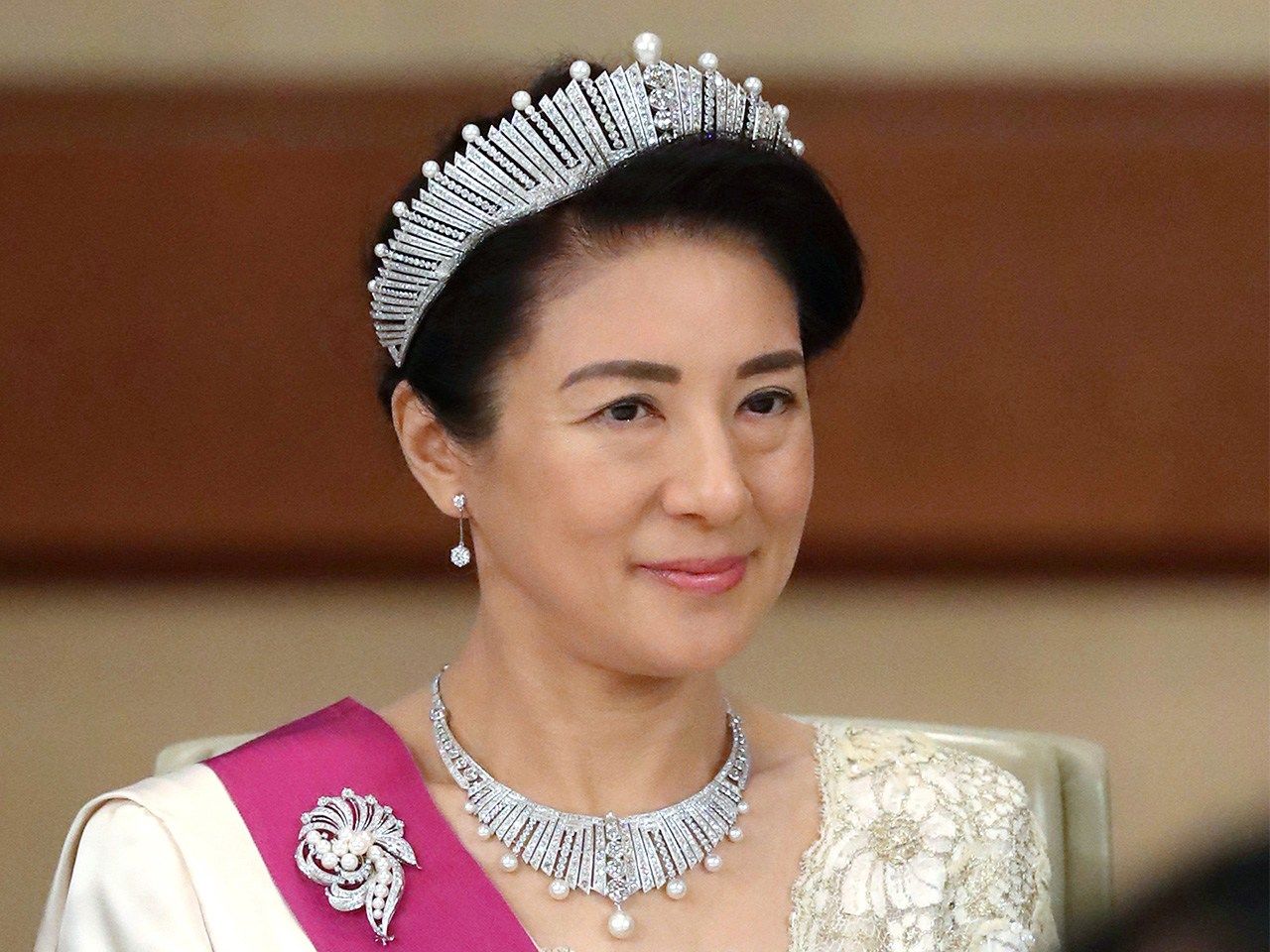 La entonces princesa heredera Masako en el banquete imperial de bienvenida a los reyes de Bélgica el 11 de octubre de 2016. Palacio Imperial, Tokio. (Fotografía oficial / Jiji) 