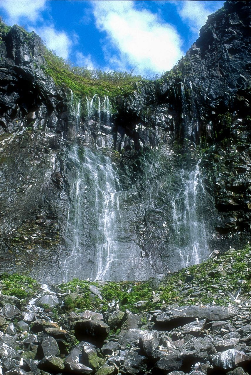 La cascada de Furepe, también conocida como “Lágrimas de doncella”. El agua de manantial que se filtra desde el acantilado llega directamente al mar (Fotografía: Fundación Shiretoko.)