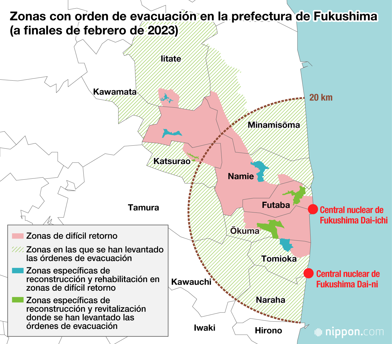 Zonas con orden de evacuación en la prefectura de Fukushima (a finales de febrero de 2023)