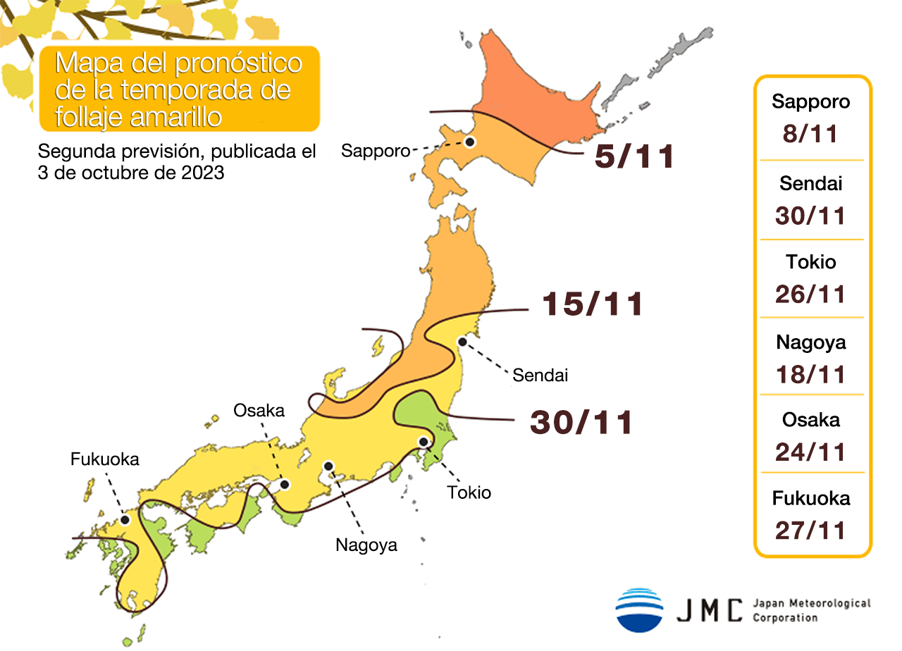 Mapa del pronóstico de la temporada de follaje amarillo