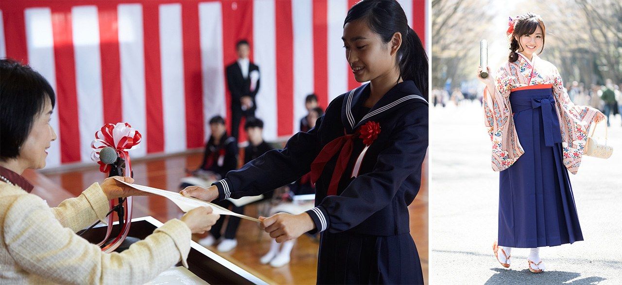 Entrega de diplomas de graduación (izda.). ©Pixta. Hay chicas que van con kimono y hakama a la ceremonia de graduación de la universidad. ©Pakutaso.