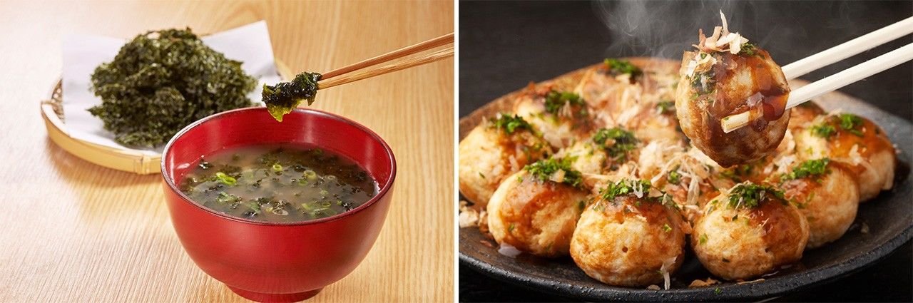 A la izquierda, sopa de miso con lechuga de mar; a la derecha, takoyaki decorado con alga ova verde. (PIXTA)