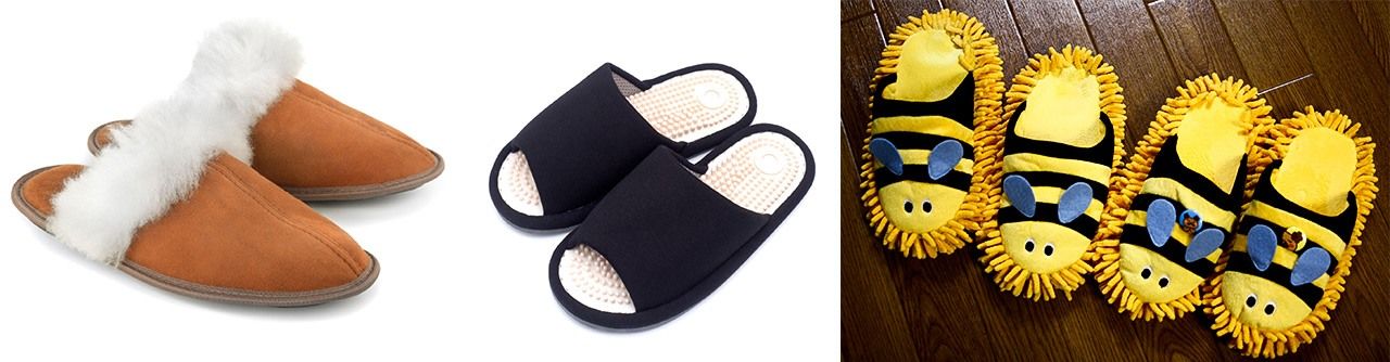 A la izquierda, zapatillas de invierno; en el centro, chanclas de reflexología; ©Pixta. a la derecha, zapatillas con suela de mopa. ©Tatsuo Yamashita