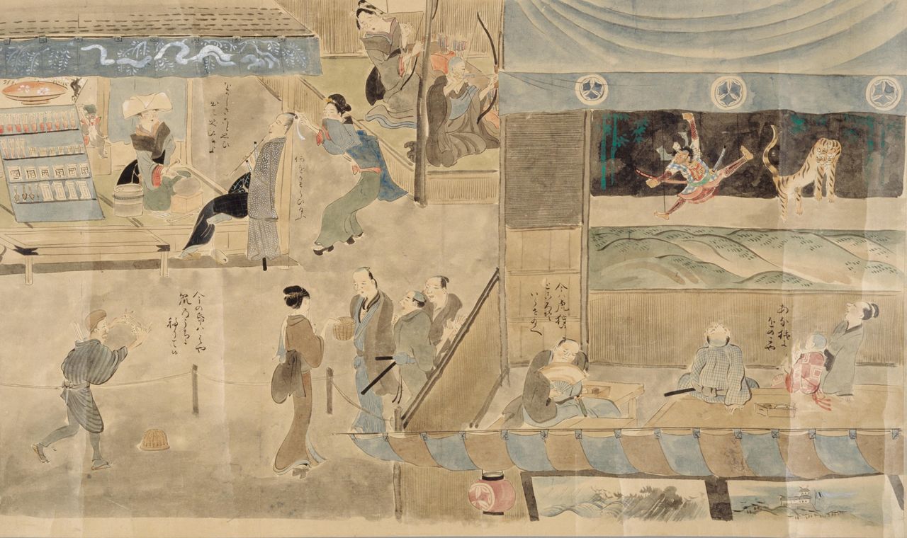 El makimono (rollo) Shokuninzukushi ekotoba presenta, entre las atracciones, un yōkyūba (lugar para ejercitarse en el tiro al arco, centro, parte superior) en el área de Asakusa-Okuyama, en el antiguo Edo. Por otros documentos gráficos como el Yōkyūba-zu (Museo de la Ciudad de Kōbe) o el Ehon Azuma-no-e (Universidad de Ritsumeikan), sabemos que el tiro con arco era un entretenimiento muy popular. (Colección del Museo Nacional de la Dieta)