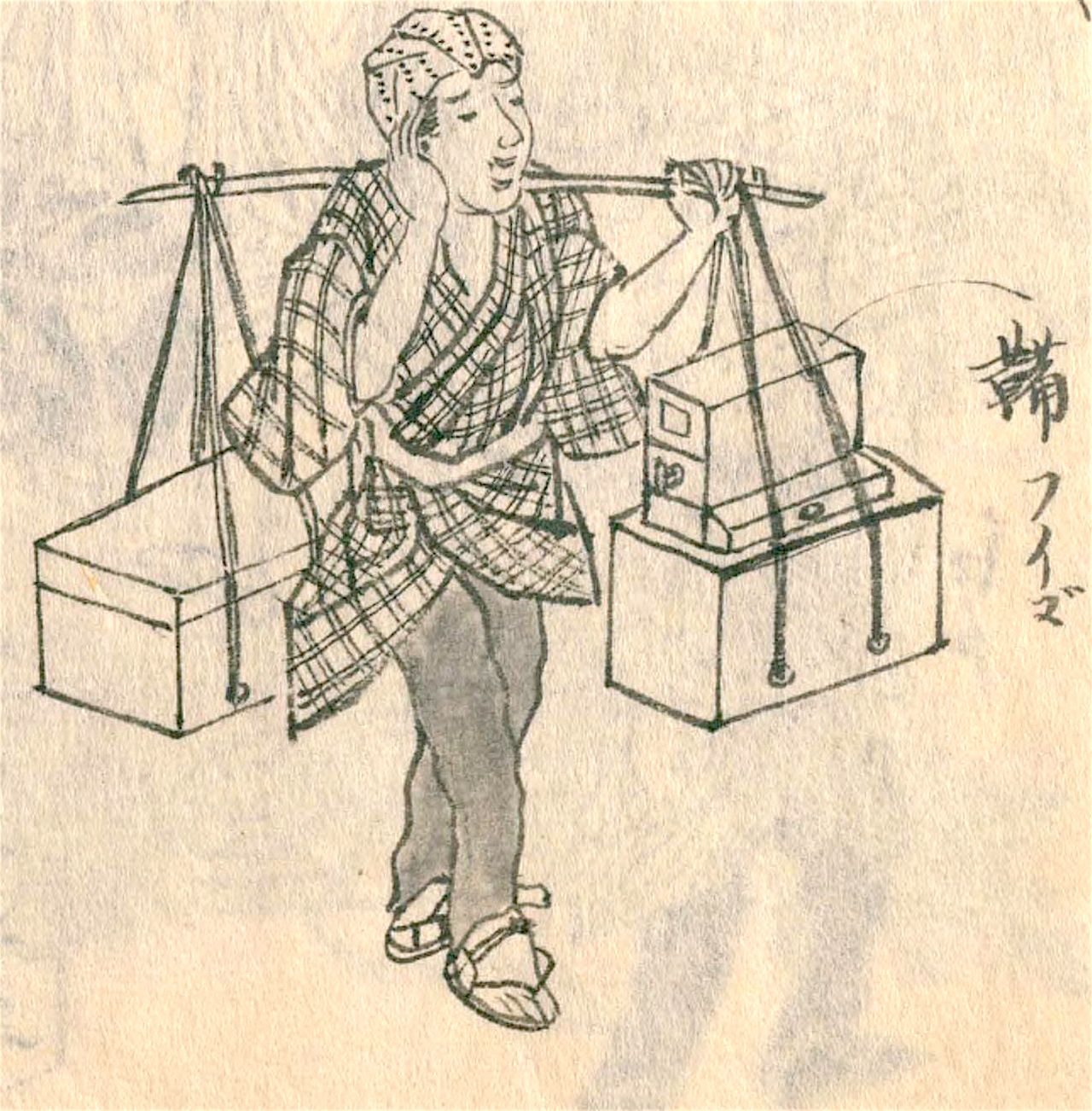 Un imoji con sus fuelles a cuestas en el Morisada Mankō.