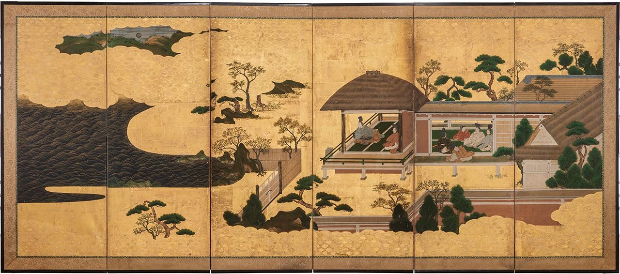 La rústica vivienda de Hikaru Genji en Suma, en un biombo de título “Genji monogatari Suma / Matsukaze - parte derecha” (Fondo del Museo de Historia de la Universidad Gakushūin)