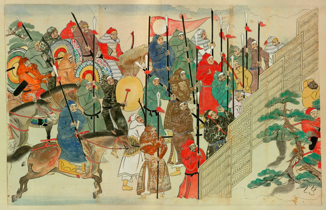 El samurái de la antigua provincia de Higo (actual prefectura de Kumamoto) Takesaki (Takezaki) Suenaga dejó un testimonio muy explícito de la forma en que sus hombres habían hecho frente a los dos intentos de invasión mongola en el libro ilustrado Mōko shūrai ekotoba. Este libro, cuyo original pertenece a la colección de la Agencia de la Casa Imperial, salió a la luz a finales del siglo XVIII, suscitando un gran interés entre los daimios y hombres de cultura del país. Se hizo un gran número de reproducciones, de las que se conservan más de 40. Ilustración obtenida del sitio web de la Biblioteca Nacional de la Dieta. 