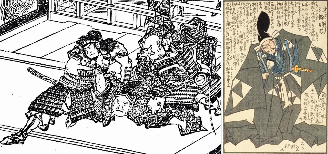 A la izquierda, escena del asesinato de Hiki Yoshikazu en una ilustración del libro Hoshizukiyo kenkairoku (s. XIX). Samuráis a las órdenes de Tokimasa lo inmovilizan. A la derecha, Hōjō Tokimasa retratado en el Musha kagami (s. XIX). Gran conspirador, llevó a cabo una despiadada purga de rivales. (Ambos, colección de la Biblioteca Nacional de la Dieta)