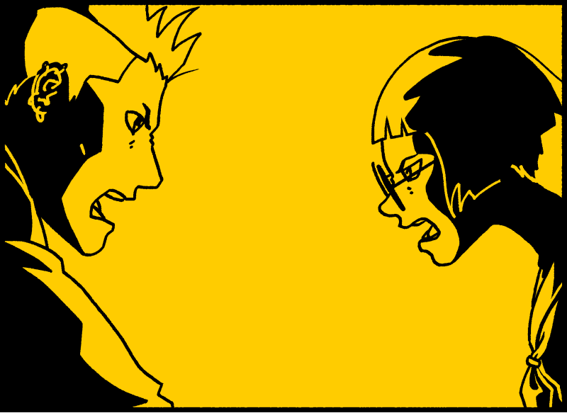 Noriko: ¿Así que solo tú te libras de limpiar? ¡Eres lo peor! Inoue: ¡Cállate, pesada! ¡No te metas conmigo!