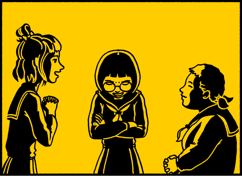 Mari: Qué valiente eres, Noriko. Hasta ahora nadie se había enfrentado con Inoue porque nos da miedo. Noriko: Es que estoy harta de su actitud.