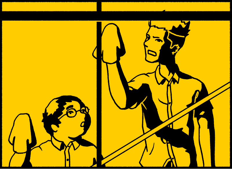 Tanaka: Vaya, hasta la parte de arriba está quedando limpísima. Qué bueno eres, Inoue. Inoue: No me vengas con halagos.