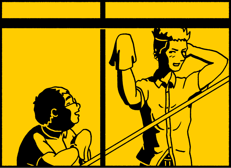 Tanaka: ¿Mañana podrías ayudarme a mover las estanterías, por favor? Inoue: Si me lo pides así, ¿cómo me voy a negar?