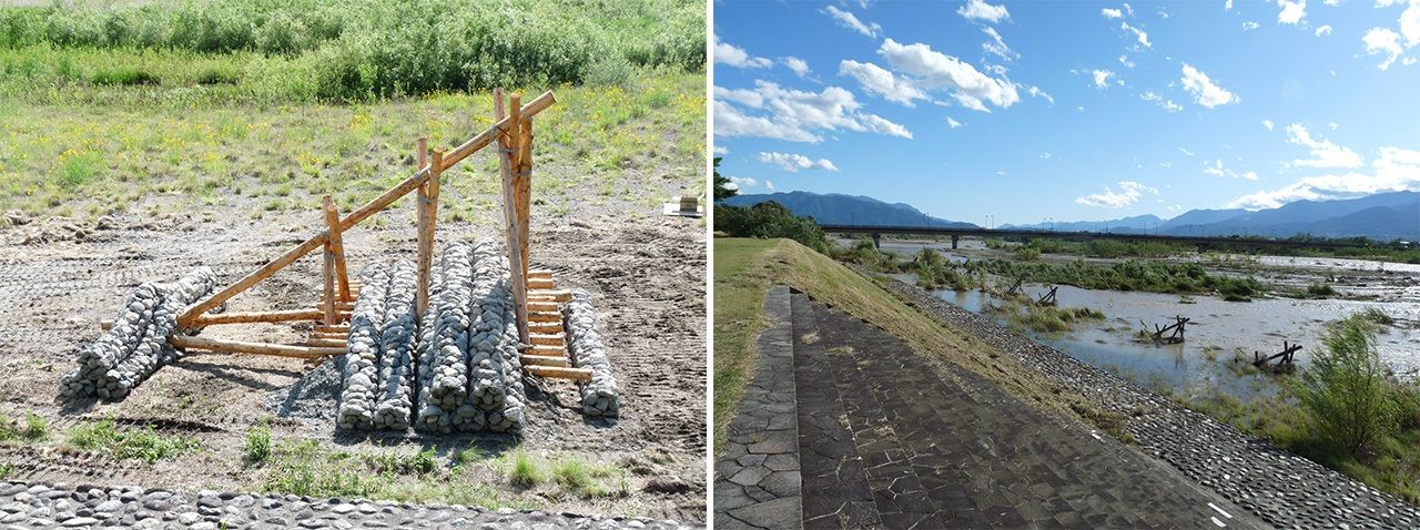 A la izquierda un hijiriushi del dique de Shingen. A la derecha, estado actual del dique. El daimio Takeda Shingen consiguió evitar los desbordamientos por medio de una tecnología muy efectiva de creación propia que le permitía cambiar el curso de los ríos fondeando estos artefactos. (Fotografía del Consejo de Educación de la ciudad de Kai)