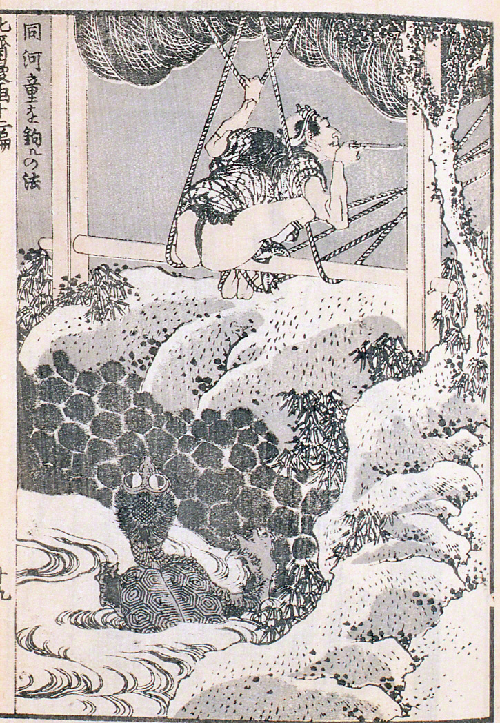 Un kappa representado en el Hokusai Manga, un cuaderno de sketches de Katsushika Hokusai. Para representar a la criatura, este dibujo toma por base el suppon, una especie de tortuga fluvial de caparazón blando. Se creía entonces que el kappa gustaba de comerse el shirikodama (especie de bolita que, según se creía, cerraba por dentro el orificio anal), y esa es la razón de que el “pescador” le muestre su trasero. (Colección del Museo Histórico de Hyōgo)
