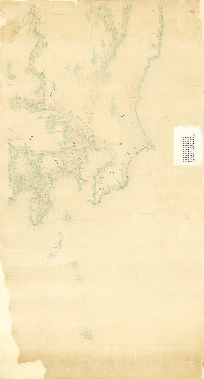 Mapa mediano de Inō: Kantō (escala 1:216.000). Los mapas medianos cubren todo Japón en ocho láminas. Esta copia fue realizada por el Ejército de Tierra a principios de la era Meiji, a partir del duplicado que la familia de Inō entregó al Gobierno Meiji (Autoridad de Información Geoespacial de Japón).