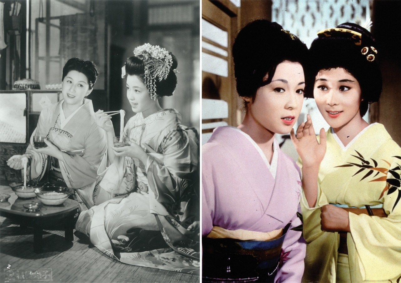 Izquierda: Wakao comienza su carrera como maiko tras ocho años bajo la tutela de la geisha Miyoharu (Kogure Michiyo, a la izquierda), en Gion bayashi (1953), de Mizoguchi Kenji. Derecha: En Onna wa nido umareru (1961), de Kawashima Yūzō, Wakao es una geisha fácil y sin artes a quien no le queda más remedio que acostarse con uno de sus clientes © KADOKAWA 1953 / © KADOKAWA 1961.