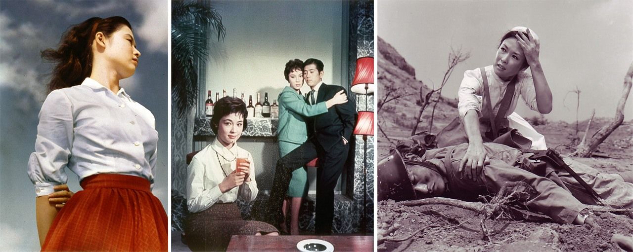 Obras de Masumura Yasuzō. Desde la izquierda: Aozora musume (1957), Saikō shukun fujin (1959), Akai tenshi (1966) © KADOKAWA 1957 / © KADOKAWA 1959 / © KADOKAWA 1966.