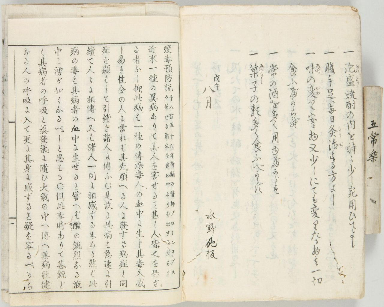 Una página del tercero de los ocho tomos de que consta la publicación Mikikigusa (“Registro de cosas vistas y oídas”), un escrito misceláneo editado por el funcionario del bakufu (Gobierno shogunal) Miyazaki Seishin, que incluye entre sus páginas el “Ekidoku yobōsetsu” (colección del Archivo Nacional de Japón). Se encargaron de traducirlo al japonés intelectuales como Sugita Gentan o Mitsukuri Genpo.  