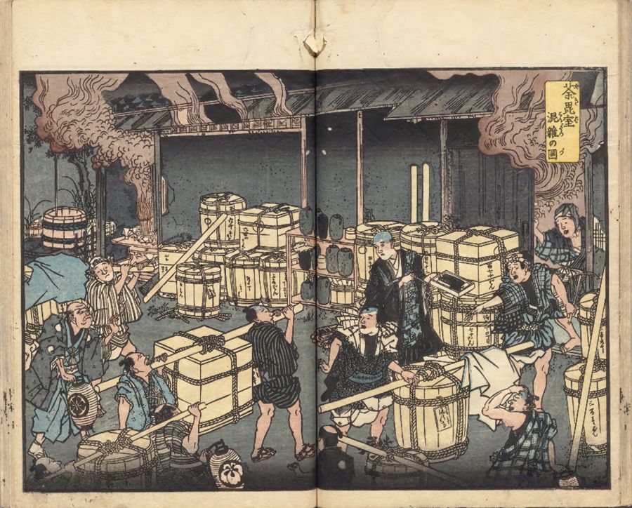 Ilustración inicial, titulada Yakiba konzatsu no zu (“Escena de atasco en el crematorio”) del libro Ansei korori ryūkōki (“Registro de la propagación del cólera en la era Ansei”). Da idea de la enorme cantidad de ataúdes que colapsaron los lugares de incineración. Colección del Archivo Nacional de Japón.