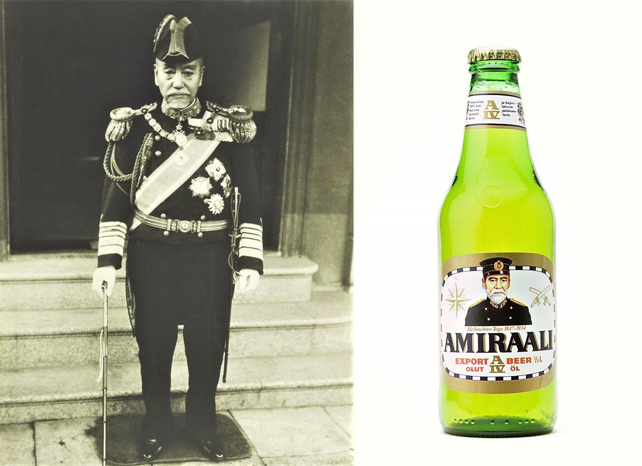 El almirante Tōgō Heihachirō, en fotografía incluida en el Kindai nihonjin no shōzō de la colección de la Biblioteca Nacional de la Dieta. A la derecha, una botella de la cerveza holandesa con etiqueta “Amiraali” que retrata a Tōgō. Actualmente, esta cerveza se fabrica en Japón. (Jiji Press)