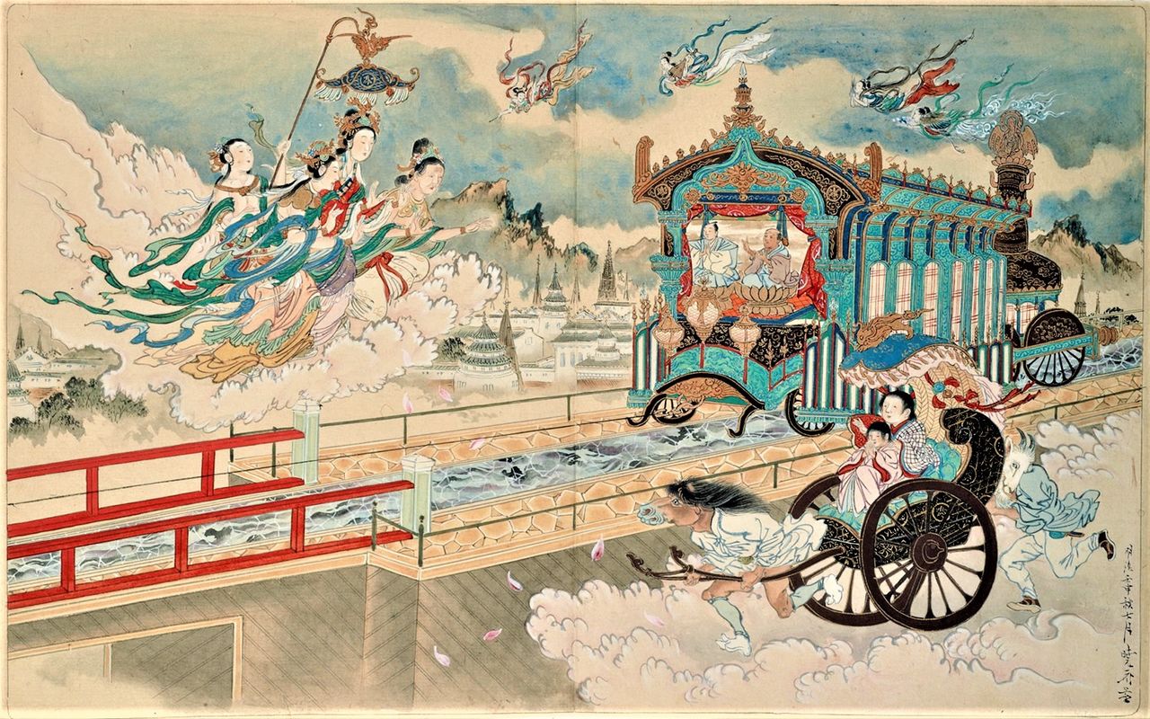 Grabado en color Gokuraku-yuki no kisha (“El tren que va al Paraíso”), de la serie Jigoku gokuraku meguri (“Viaje al Paraíso a través del infierno”) de Kawanabe Gyōsai (1872). Se conserva en el Museo de Arte Seikadō Bunko. (Cortesía del Museo de Arte Seikadō Bunko / DNPartcom)