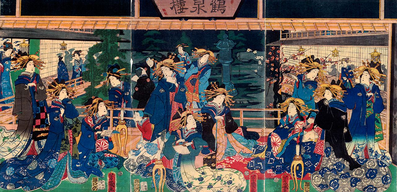 Kakusenrō (1863; colección privada), de Ochiai Yoshiiku. El cuadro representa a las prostitutas del establecimiento Kakusenrō con sus vistosos atuendos. 