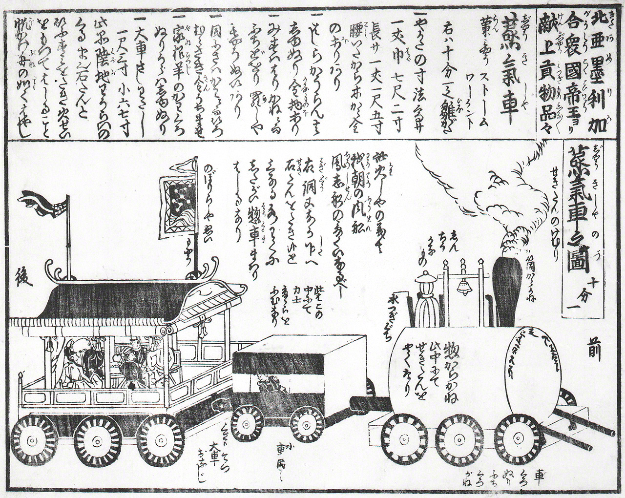 Un kawaraban (hoja informativa especial) con la noticia del obsequio al bakufu de la locomotora en miniatura traída por los extranjeros. (Colección de los Archivos Históricos de Yokohama) 