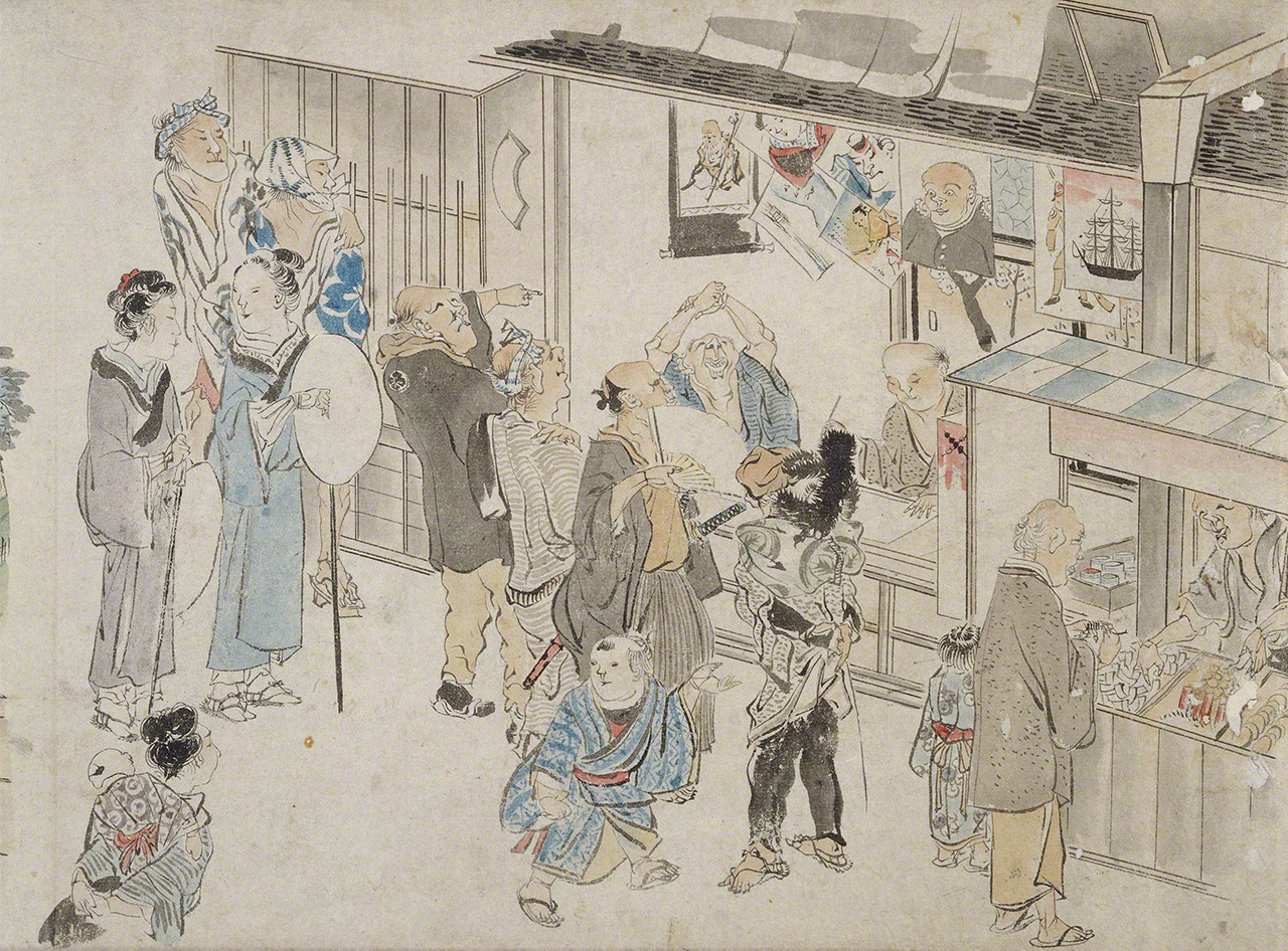 Una de las tiendas de Edo en las que se vendían las hojas informativas kawaraban, en una ilustración de Kurofune raikō fūzoku emaki (Rollos ilustrados con estampas populares de la llegada de los kurofune). (Colección del Museo Prefectural de Historia y Folclore de Saitama)  
