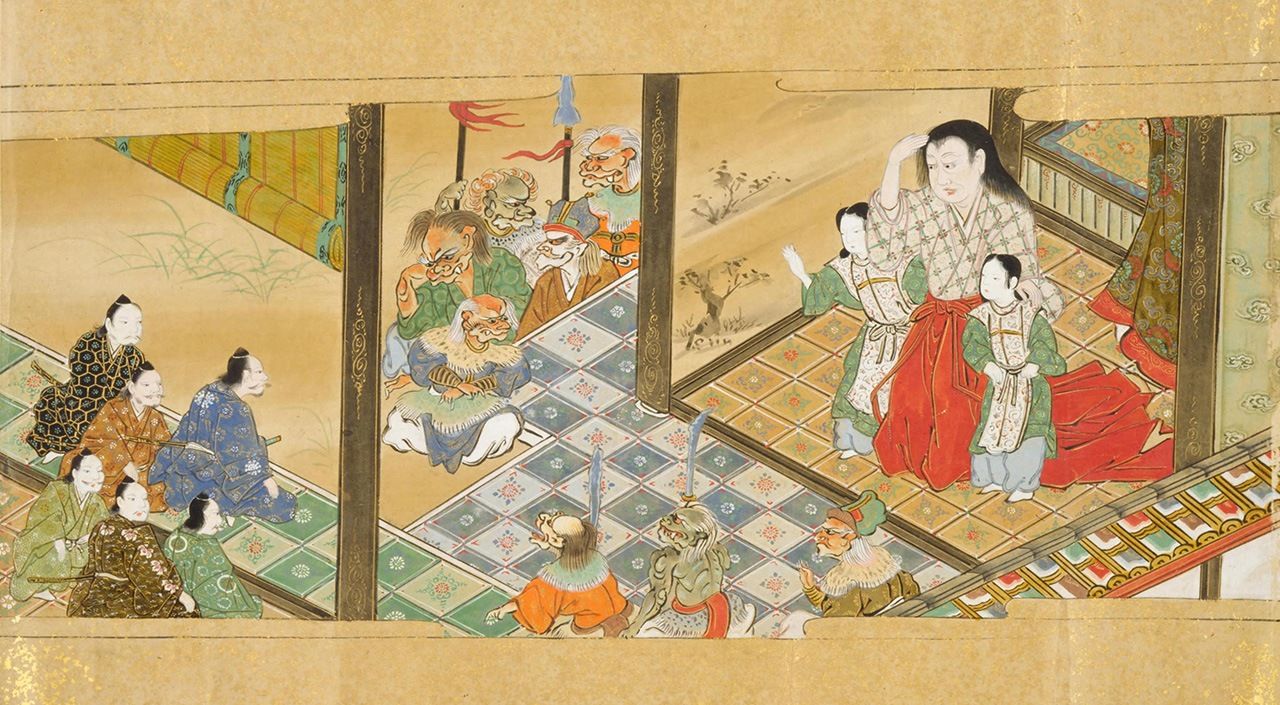 Shuten Dōji, que se transforma en un dōji gigantesco (segundo por la derecha) durante el día, y en ogro por la noche (de Ōeyama Shuten Dōji emakimono / Colección digital de la Biblioteca Nacional de la Dieta)
