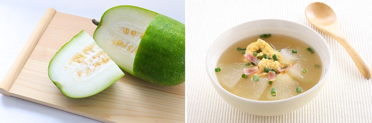 A la izquierda, calabaza china; a la derecha, una sopa elaborada con esta fruta. (PIXTA) 