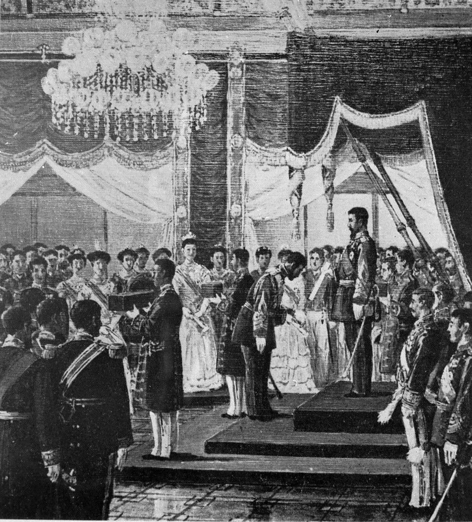 Ceremonia de promulgación de la Constitución Meiji, el 11 de febrero de 1889. (Kyōdō Press)