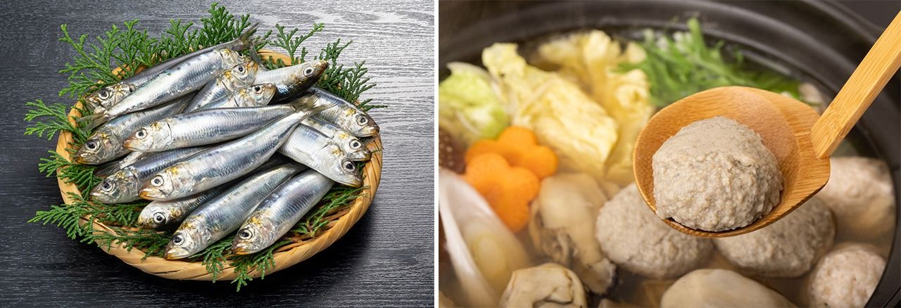 A la izquierda, sardinas japonesas; a la derecha, albóndigas elaboradas con este pescado. (PIXTA)