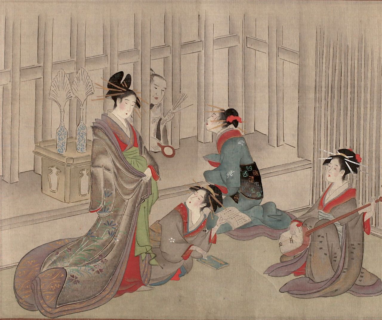 Prostitutas en un harimise, separado de la calle por una celosía, en Yoshiwara jūniji (Yoshiwara a las doce en punto). (Cortesía del Archivo Digital de la Universidad de Kansai)