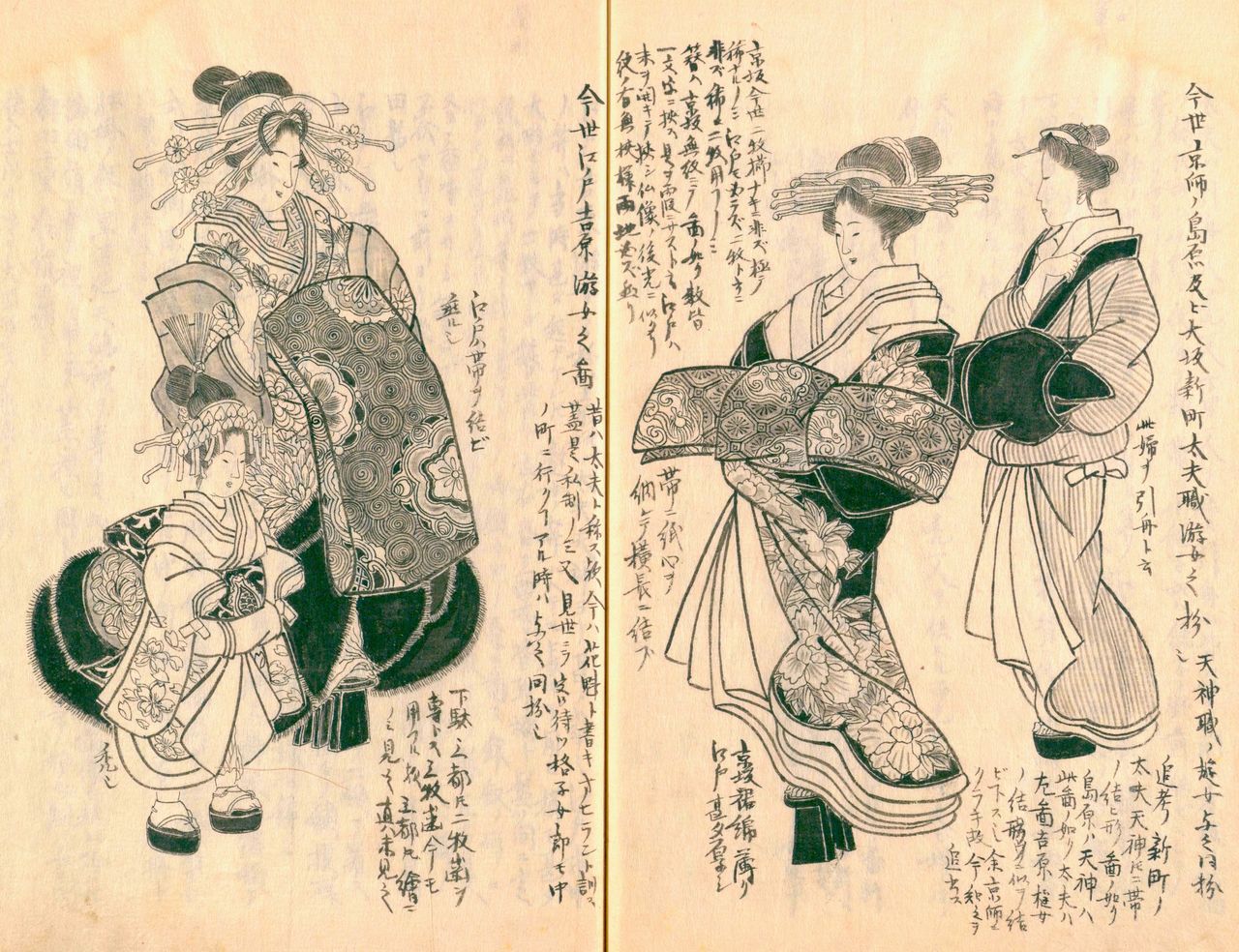 Cortesanas de alto rango oiran en Edo (izquierda) y en Kioto y Osaka tayū (derecha). De Morisada mankō (Manuscrito de Morisada). (Cortesía de la Biblioteca Nacional de la Dieta)