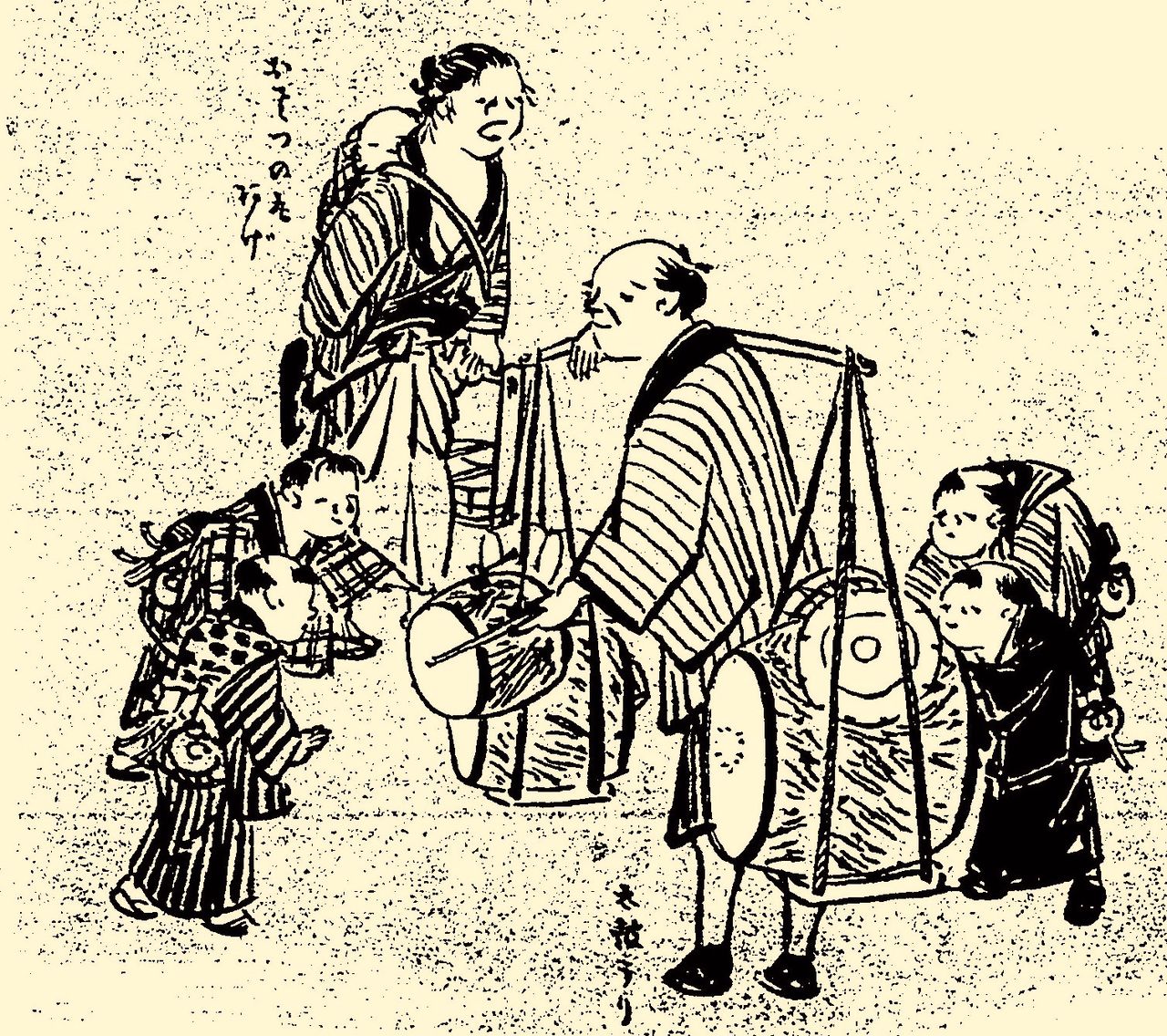 Un grupo de niños se agolpa en torno a un vendedor de tambores en el Libro ilustrado sobre las costumbres en el período Edo, propiedad de la Biblioteca Nacional de la Dieta. Una vez que el marchante había conseguido atraer a la clientela haciendo sonar un tambor grande, vendía modelos más pequeños, que llevaba en la mano.