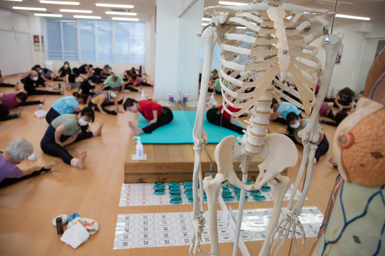La gimnasia Kikuchi va siempre acompañada de los modelos anatómicos de los huesos y los músculos.