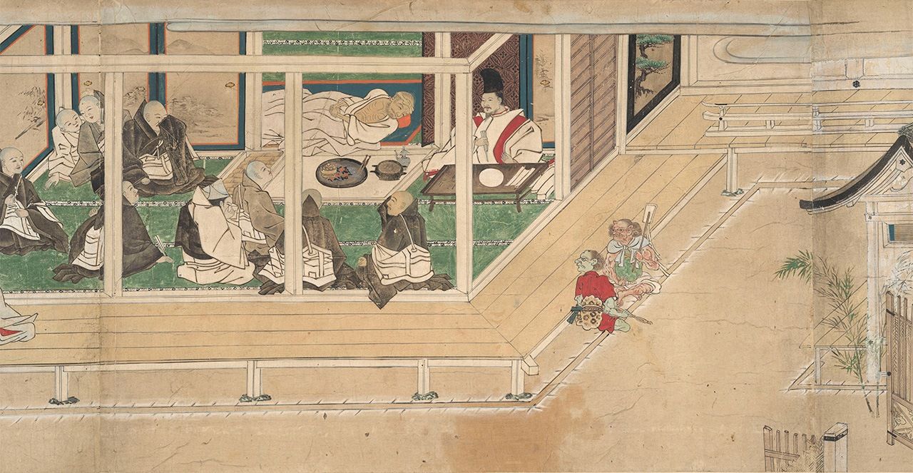 Primer rollo de Naki fudō engi, donde se muestra a Seimei de visita a un monje enfermo, en el templo Miidera. (Archivo del Museo Nacional de Nara)