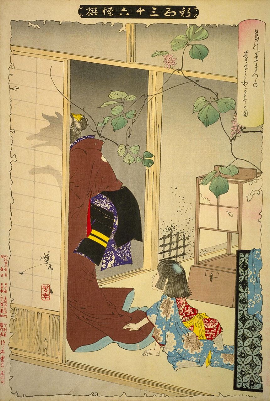 La madre-zorro de Seimei con él, de niño, aparecen en el cuadro de Tsukioka Yoshitoshi Shinkei sanjūrokkai-sen kuzunoha kitsune dōjii ni wakaruru no zu (Nuevas formas de treinta y seis monstruos: los zorros de kuzunoha y dōji). (Archivos de la Biblioteca Nacional)