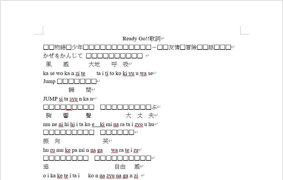 Una hoja de letras que hice al poco de empezar a aprender japonés, donde se ven las palabras de una canción de anime. ¡Si el lector se fija encontrará varios errores! Los kanas no aparecen en el ordenador que uso hoy día, por una diferencia de codificación (imagen de la autora)