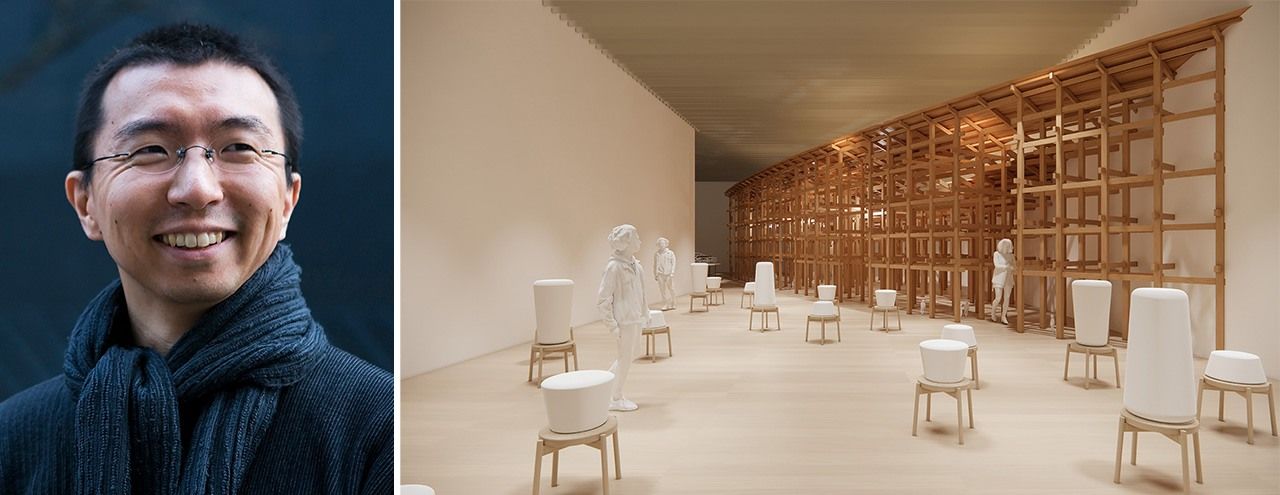 Fujimoto Sōsuke (© David Vintiner; cortesía de Sou Fujimoto Architects); maqueta del Gran Anillo, Expo 2025 Osaka Kansai, Japón (representación gráfica del diseño del Gran Anillo). (© Sou Fujimoto Architects)